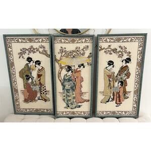 Vintage 1980s Japanese Antique Needlepoint Framed Wall Art Hand Stitched Framed